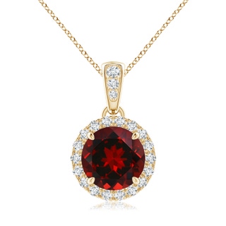 7mm AAAA Claw-Set Round Garnet Pendant with Diamond Halo in Yellow Gold