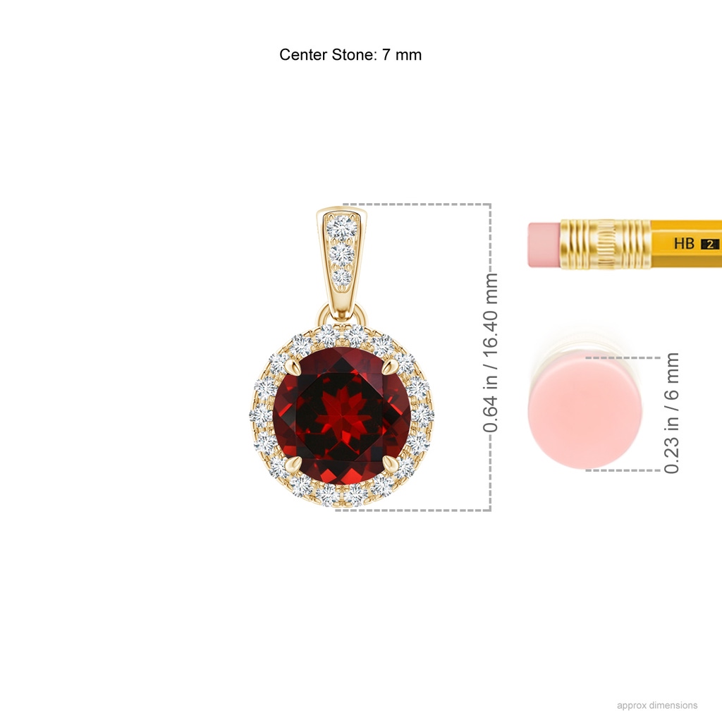 7mm AAAA Claw-Set Round Garnet Pendant with Diamond Halo in Yellow Gold Ruler