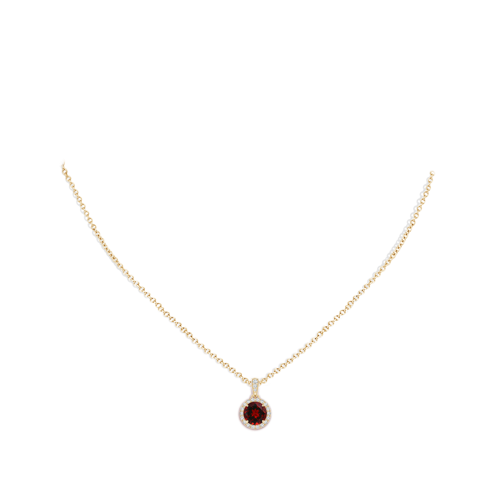 7mm AAAA Claw-Set Round Garnet Pendant with Diamond Halo in Yellow Gold Body-Neck