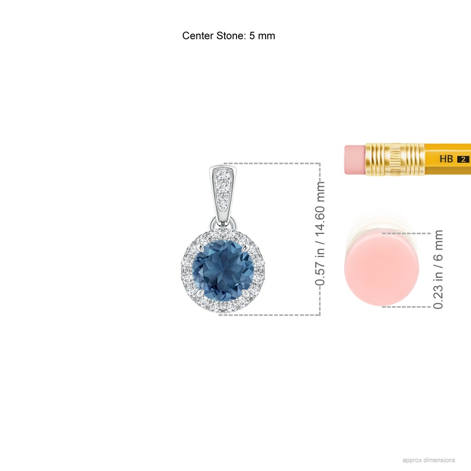 5mm A Claw-Set Round London Blue Topaz Pendant with Diamond Halo in White Gold ruler