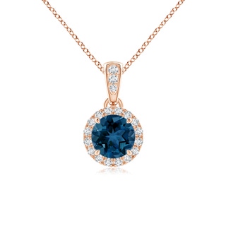 5mm AAA Claw-Set Round London Blue Topaz Pendant with Diamond Halo in Rose Gold
