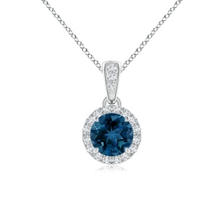 5mm AAA Claw-Set Round London Blue Topaz Pendant with Diamond Halo in White Gold