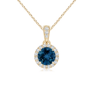 5mm AAA Claw-Set Round London Blue Topaz Pendant with Diamond Halo in Yellow Gold