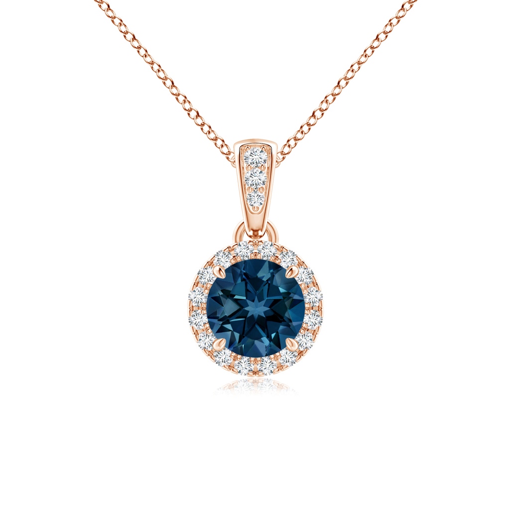 5mm AAAA Claw-Set Round London Blue Topaz Pendant with Diamond Halo in Rose Gold