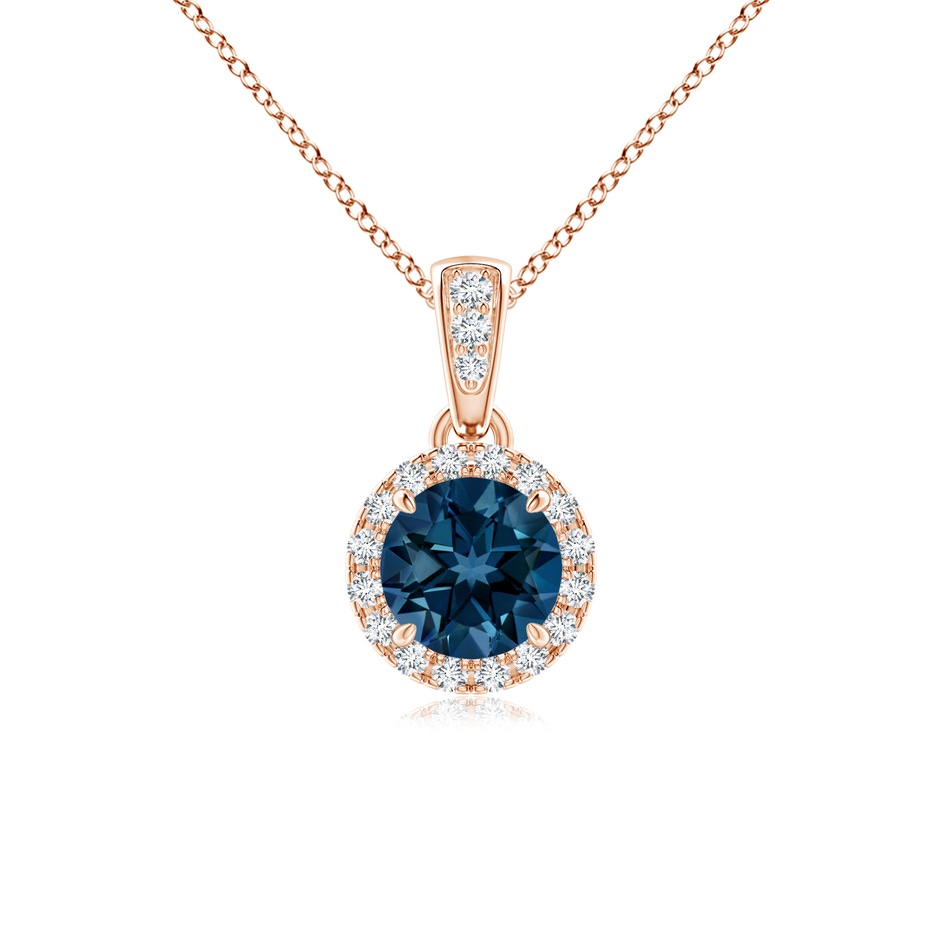5mm AAAA Claw-Set Round London Blue Topaz Pendant with Diamond Halo in Rose Gold 