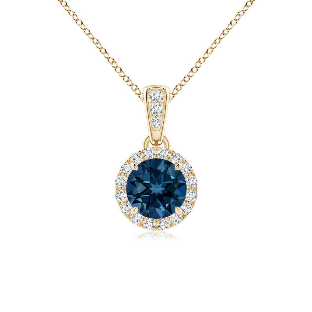 5mm AAAA Claw-Set Round London Blue Topaz Pendant with Diamond Halo in Yellow Gold