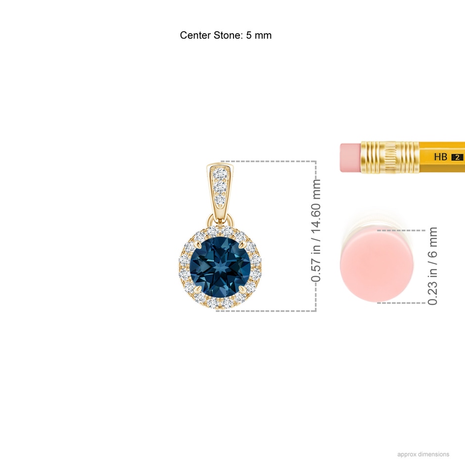 5mm AAAA Claw-Set Round London Blue Topaz Pendant with Diamond Halo in Yellow Gold ruler