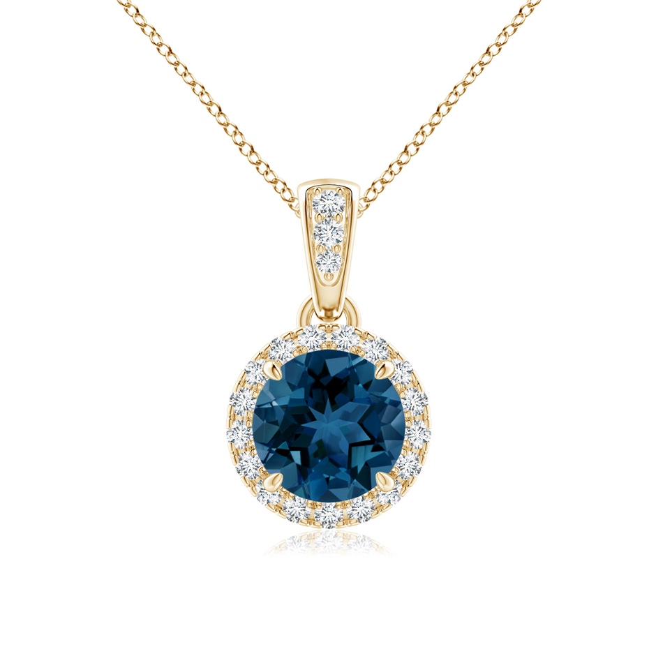 6mm AAA Claw-Set Round London Blue Topaz Pendant with Diamond Halo in Yellow Gold 
