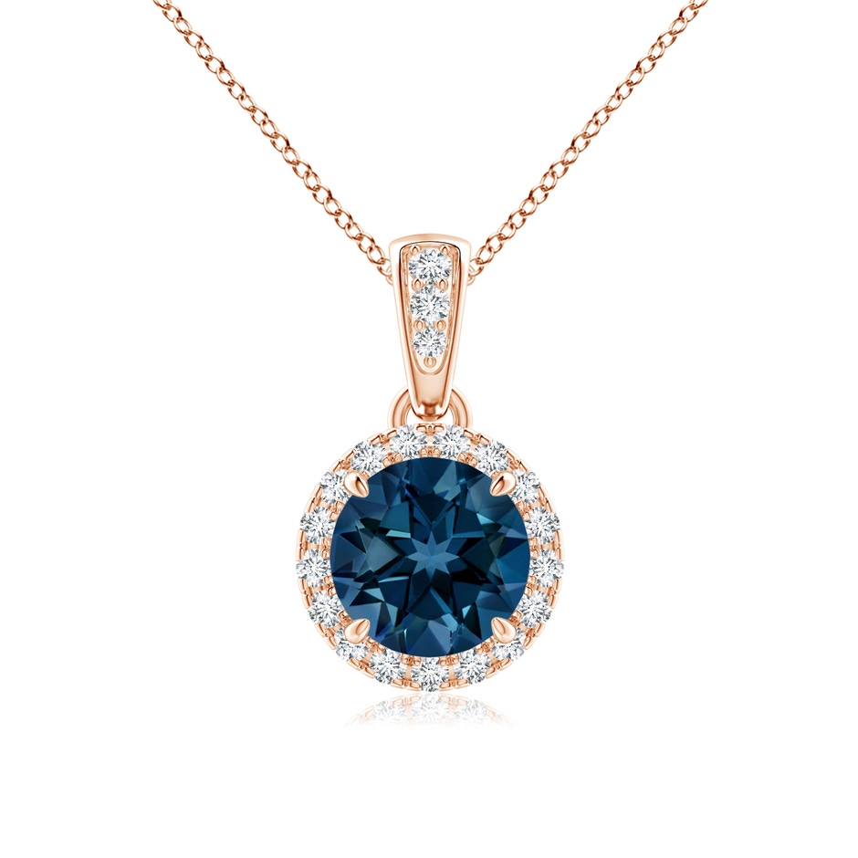 6mm AAAA Claw-Set Round London Blue Topaz Pendant with Diamond Halo in Rose Gold 