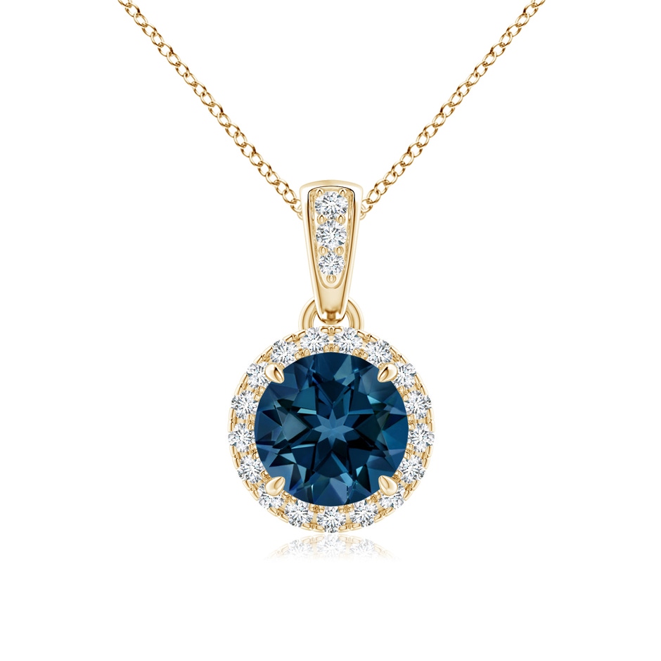 6mm AAAA Claw-Set Round London Blue Topaz Pendant with Diamond Halo in Yellow Gold 