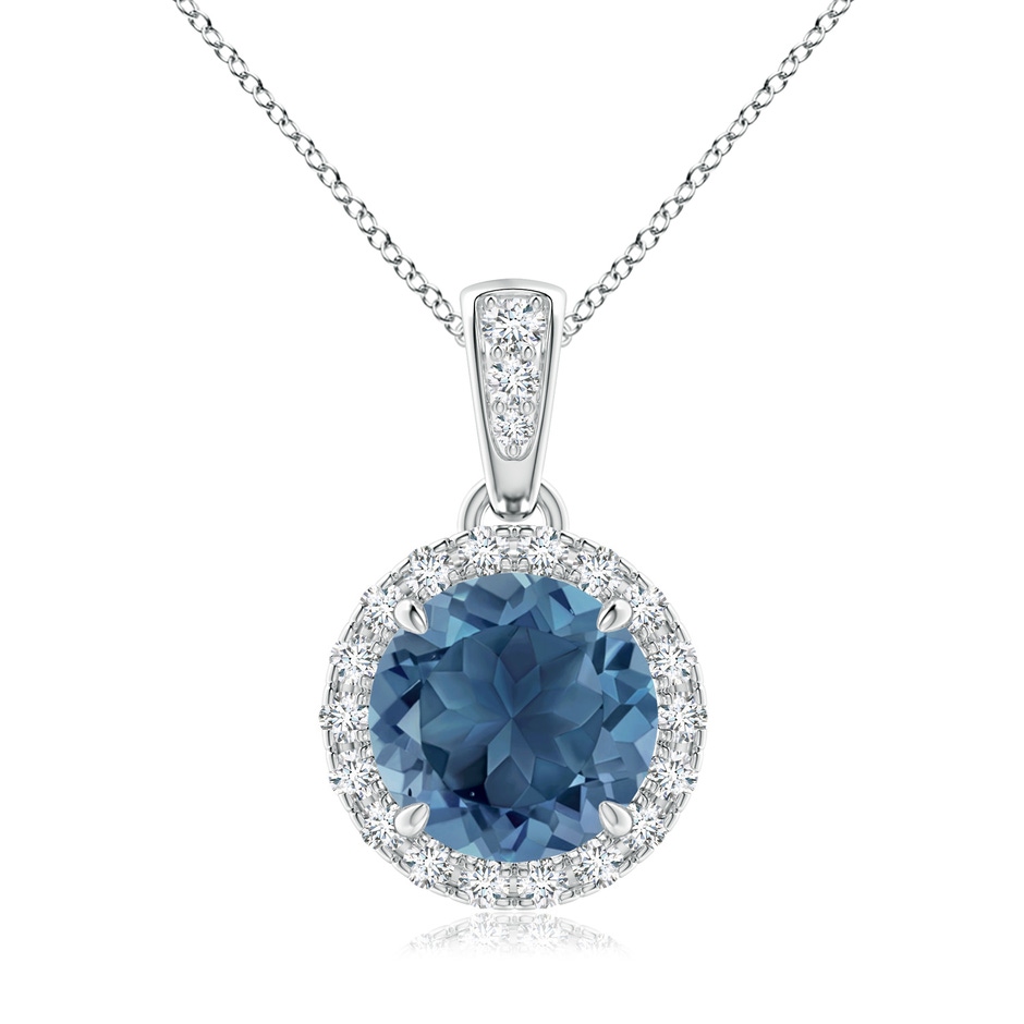 7mm A Claw-Set Round London Blue Topaz Pendant with Diamond Halo in White Gold 