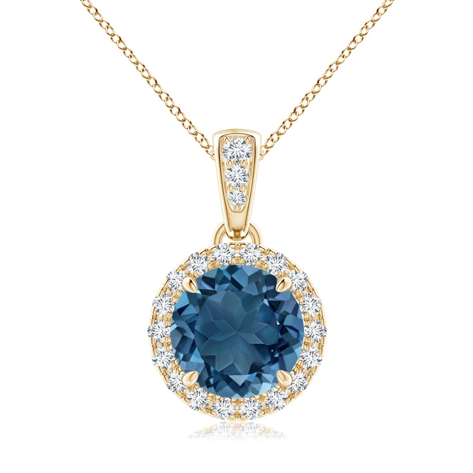 7mm AA Claw-Set Round London Blue Topaz Pendant with Diamond Halo in 10K Yellow Gold 