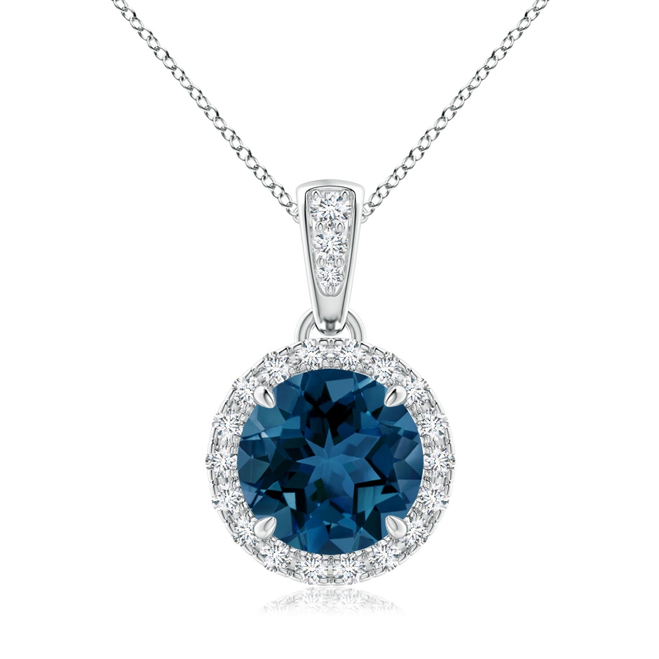 7mm AAA Claw-Set Round London Blue Topaz Pendant with Diamond Halo in White Gold 