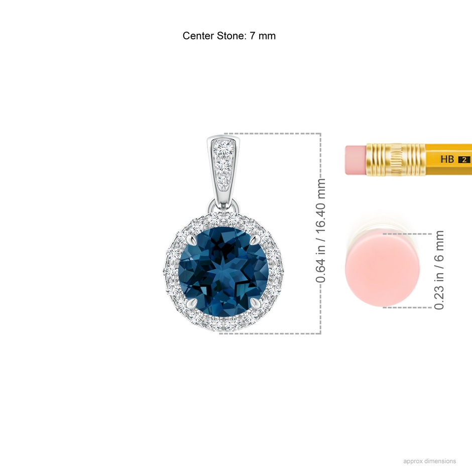 7mm AAA Claw-Set Round London Blue Topaz Pendant with Diamond Halo in White Gold ruler