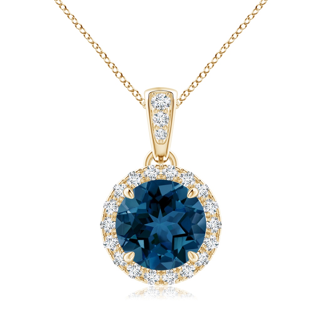7mm AAA Claw-Set Round London Blue Topaz Pendant with Diamond Halo in Yellow Gold