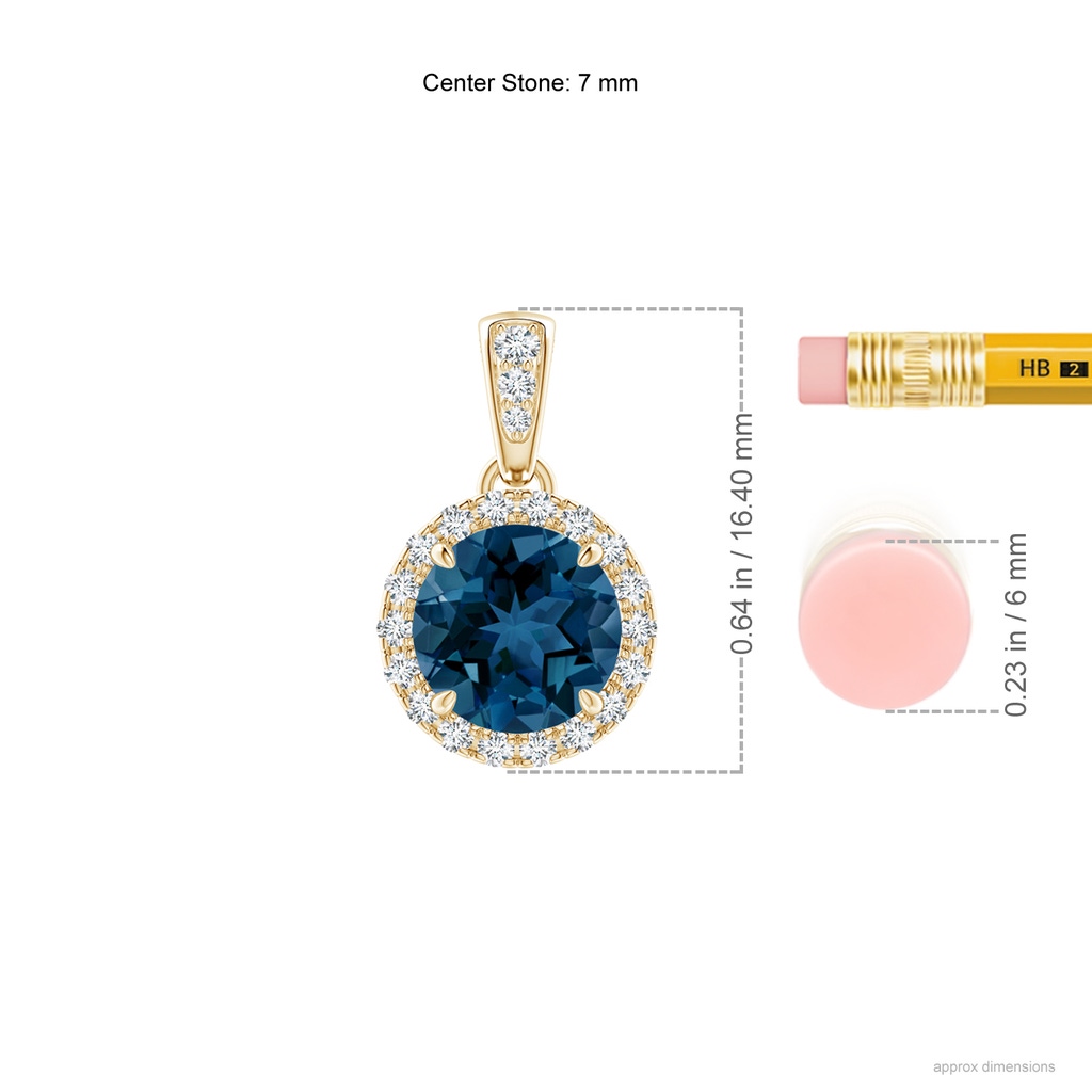 7mm AAA Claw-Set Round London Blue Topaz Pendant with Diamond Halo in Yellow Gold ruler