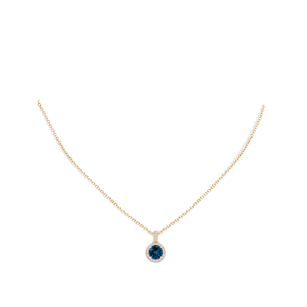 7mm AAA Claw-Set Round London Blue Topaz Pendant with Diamond Halo in Yellow Gold pen