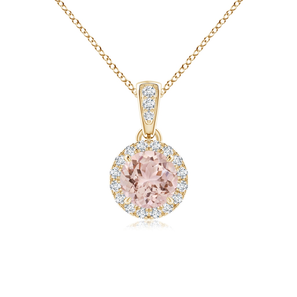 5mm AAA Claw-Set Round Morganite Pendant with Diamond Halo Pendant in Yellow Gold