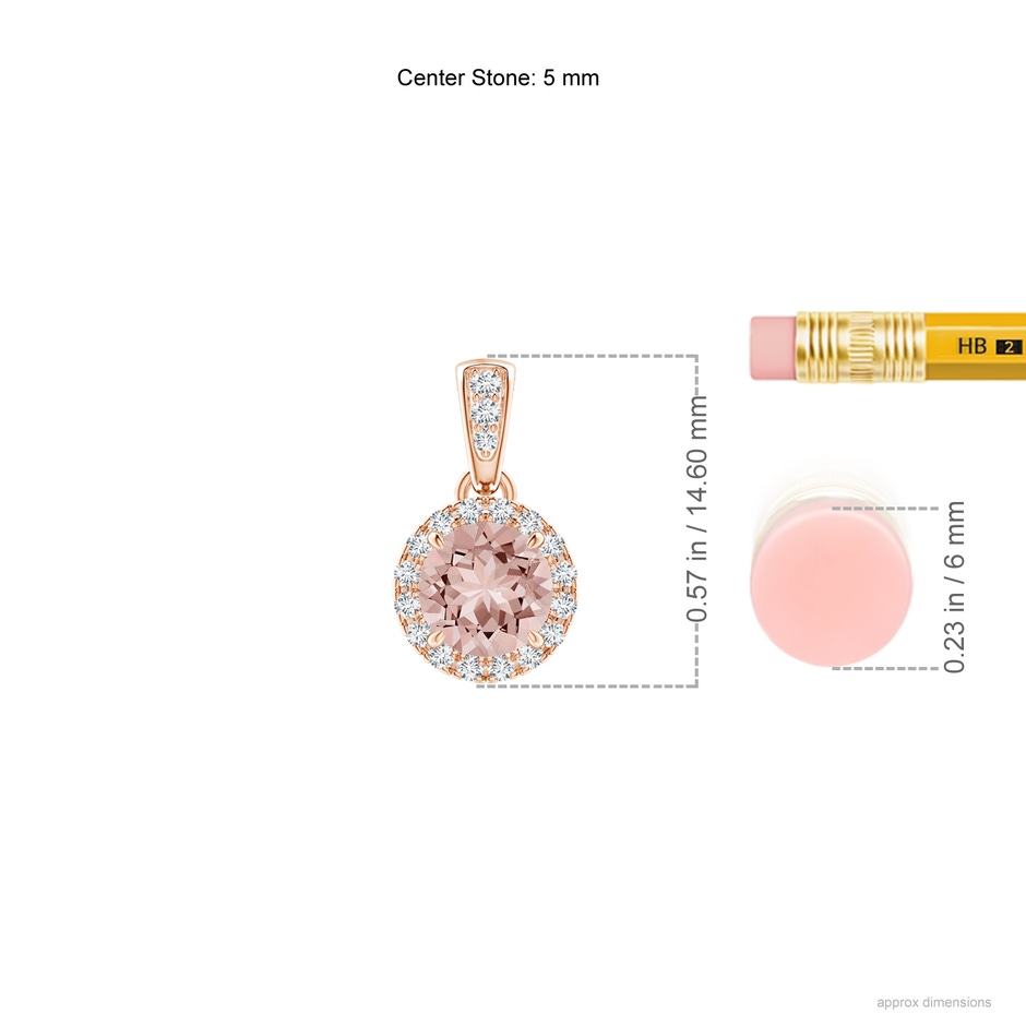 5mm AAAA Claw-Set Round Morganite Pendant with Diamond Halo Pendant in 18K Rose Gold ruler