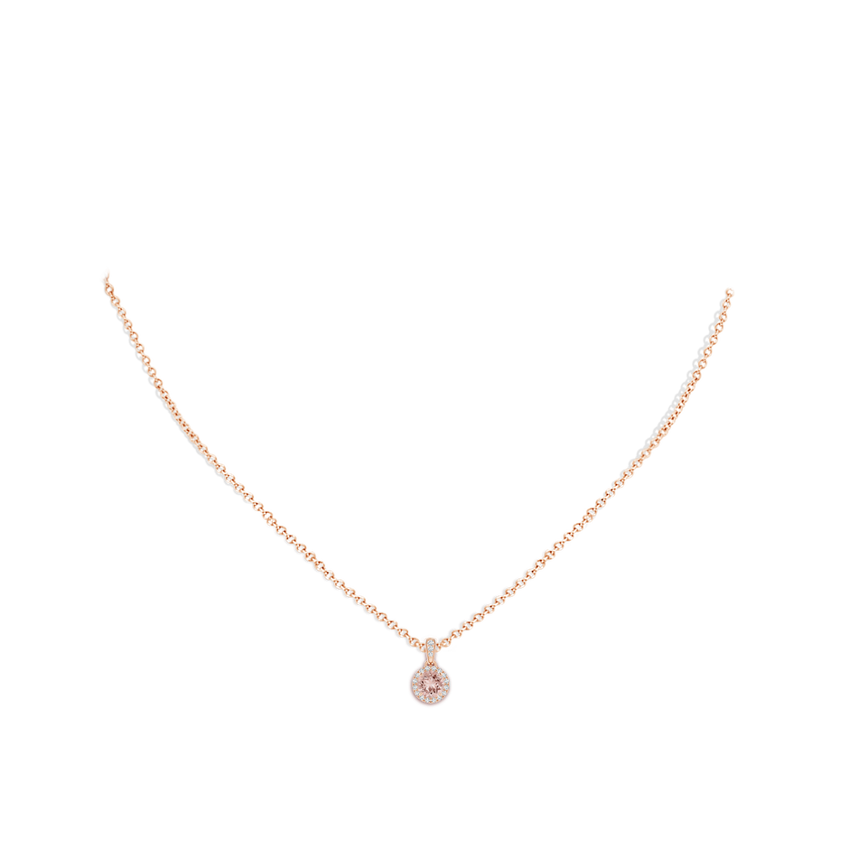 5mm AAAA Claw-Set Round Morganite Pendant with Diamond Halo Pendant in 18K Rose Gold pen