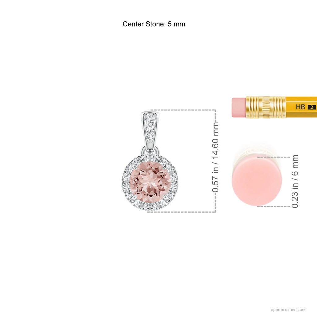 5mm AAAA Claw-Set Round Morganite Pendant with Diamond Halo Pendant in White Gold Ruler