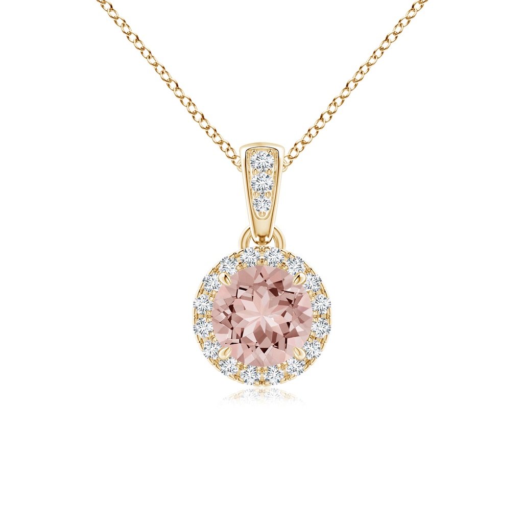 5mm AAAA Claw-Set Round Morganite Pendant with Diamond Halo Pendant in Yellow Gold