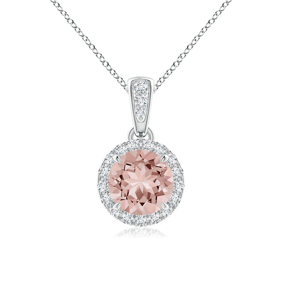 6mm AAAA Claw-Set Round Morganite Pendant with Diamond Halo Pendant in White Gold 