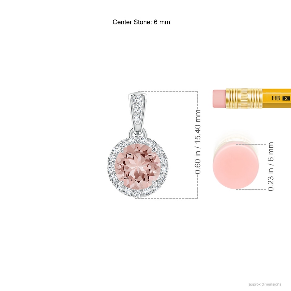6mm AAAA Claw-Set Round Morganite Pendant with Diamond Halo Pendant in White Gold ruler