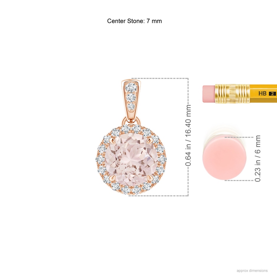 7mm A Claw-Set Round Morganite Pendant with Diamond Halo Pendant in 18K Rose Gold ruler