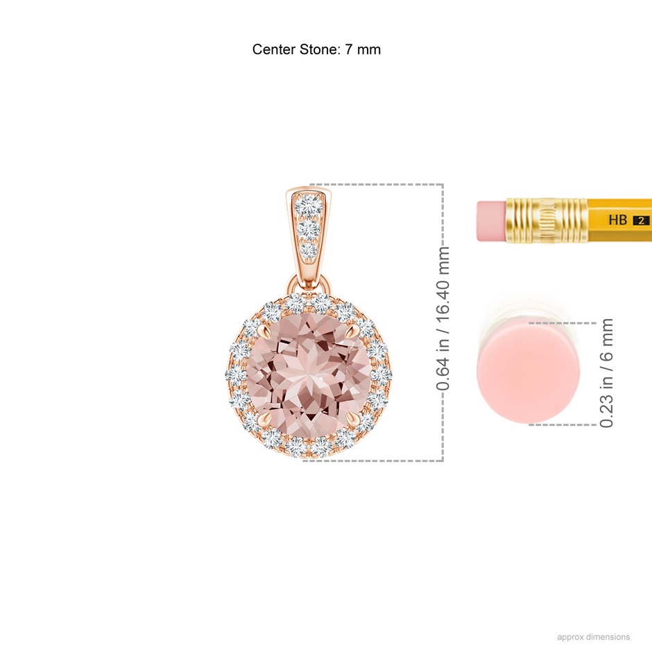 7mm AAAA Claw-Set Round Morganite Pendant with Diamond Halo Pendant in Rose Gold ruler