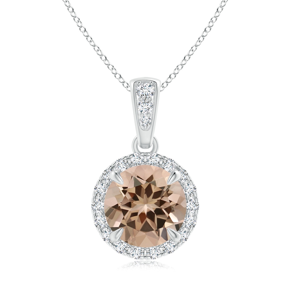 7.06x7.00x4.40mm AAA GIA Certified Claw-Set Round Morganite with Diamond Halo Pendant in White Gold