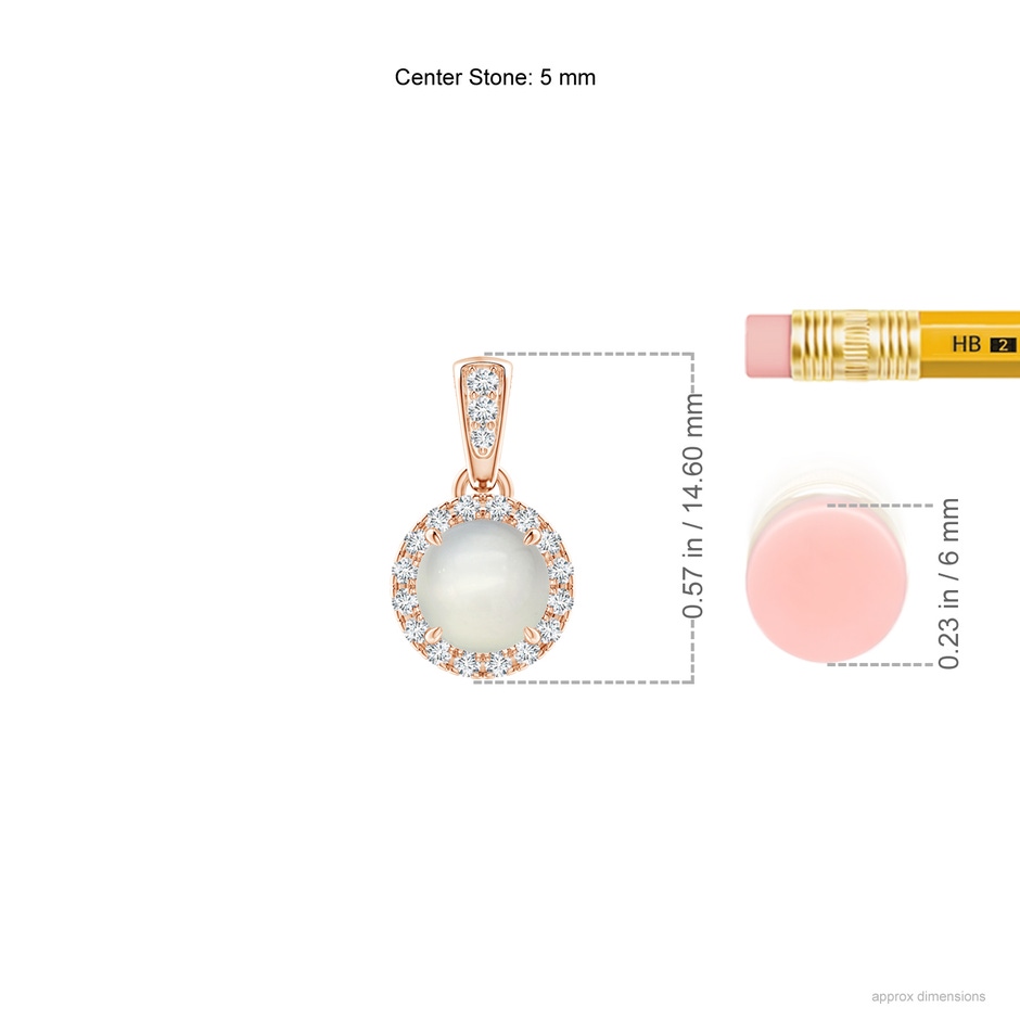 5mm AAA Claw-Set Round Moonstone Pendant with Diamond Halo in Rose Gold ruler