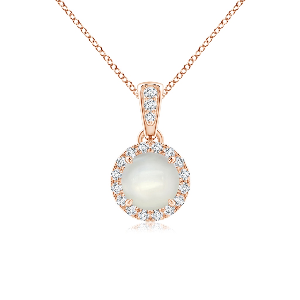 5mm AAAA Claw-Set Round Moonstone Pendant with Diamond Halo in Rose Gold