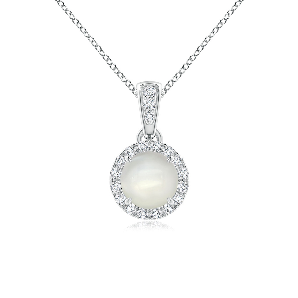 5mm AAAA Claw-Set Round Moonstone Pendant with Diamond Halo in White Gold