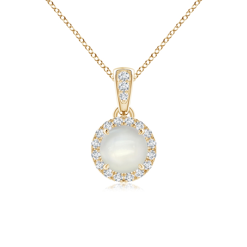 5mm AAAA Claw-Set Round Moonstone Pendant with Diamond Halo in Yellow Gold