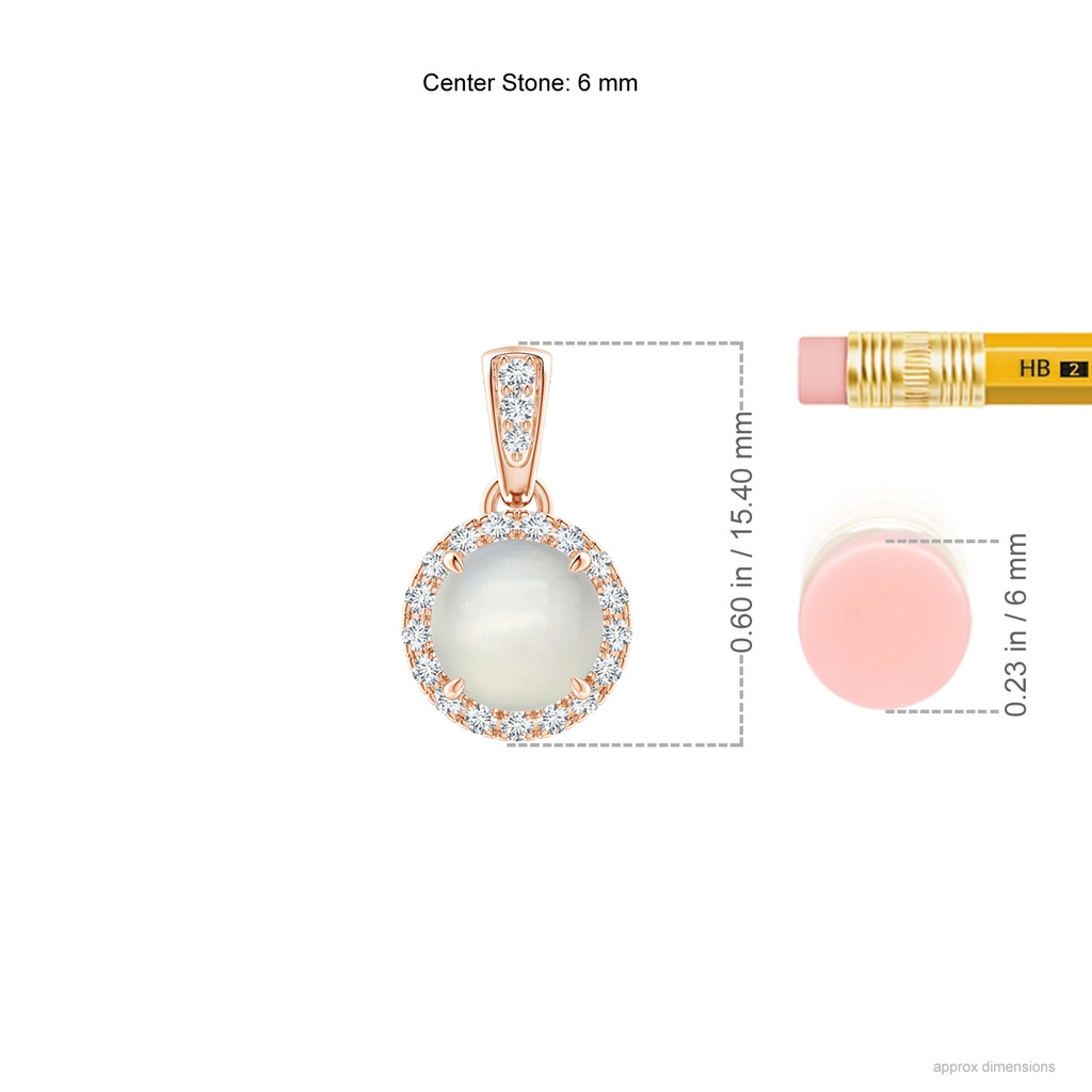 6mm AAA Claw-Set Round Moonstone Pendant with Diamond Halo in Rose Gold Ruler