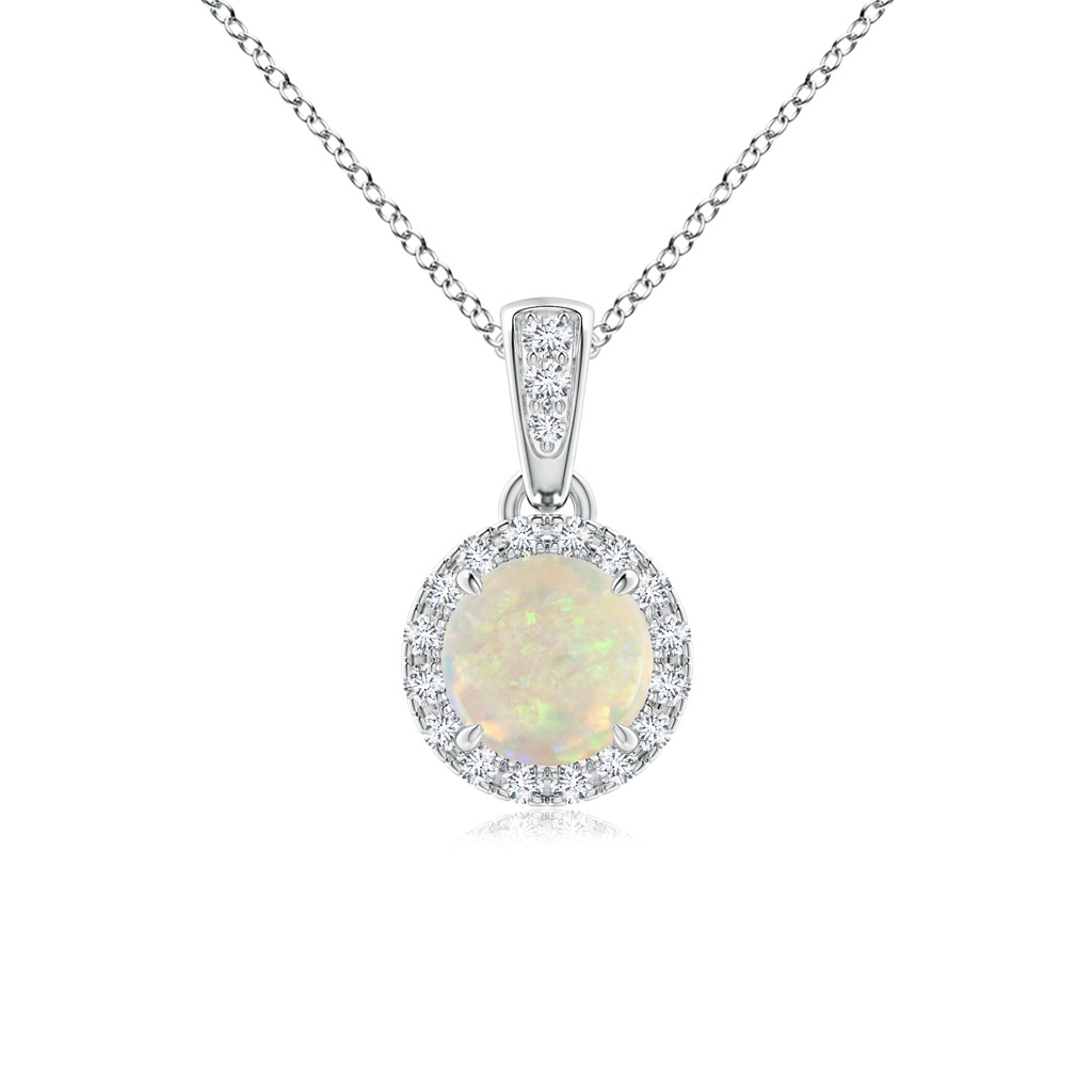 5mm AAA Claw-Set Round Opal Pendant with Diamond Halo in 9K White Gold 