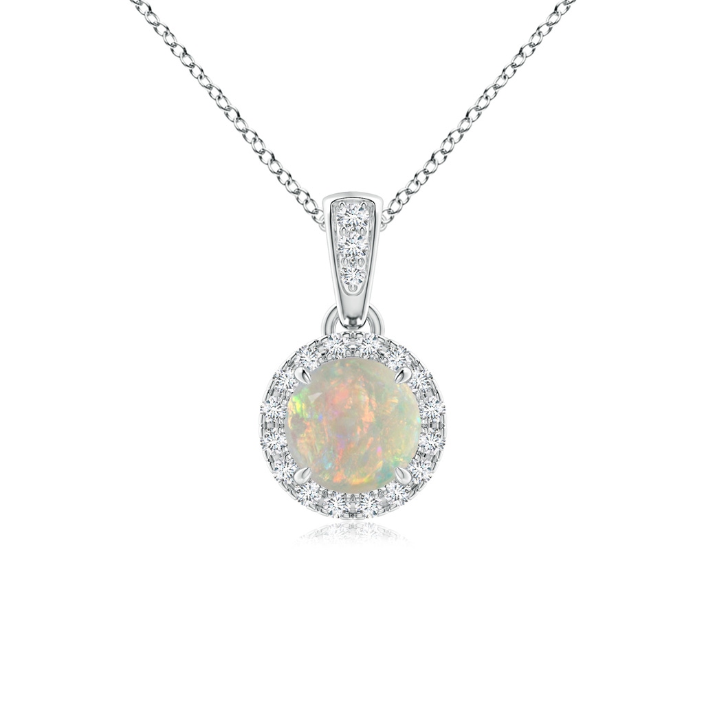 5mm AAAA Claw-Set Round Opal Pendant with Diamond Halo in White Gold