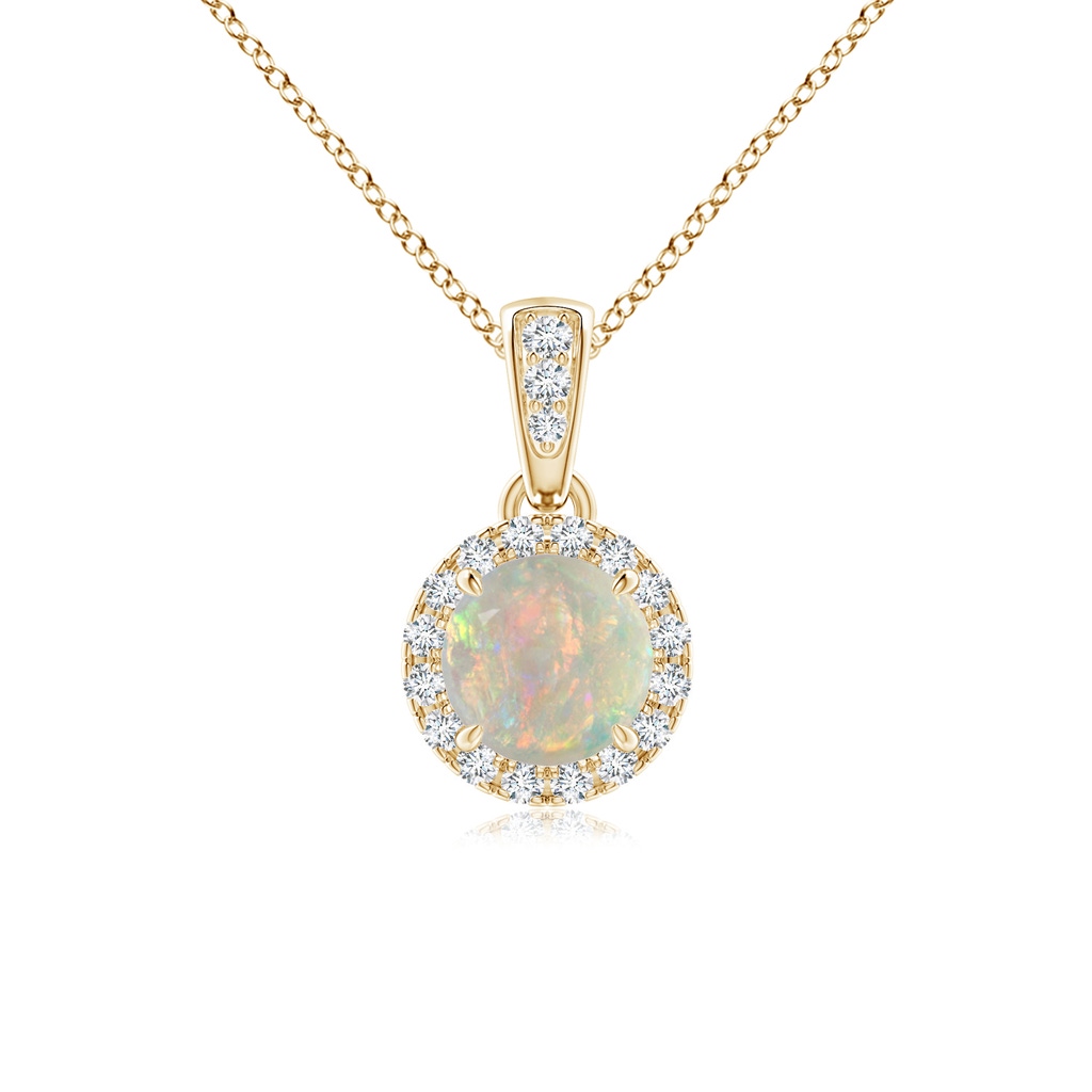 5mm AAAA Claw-Set Round Opal Pendant with Diamond Halo in Yellow Gold