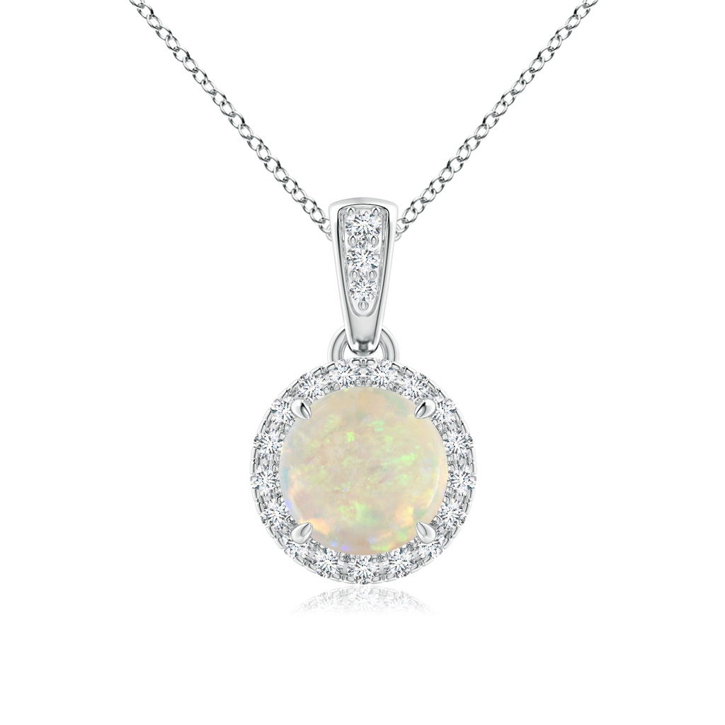 6mm AAA Claw-Set Round Opal Pendant with Diamond Halo in White Gold