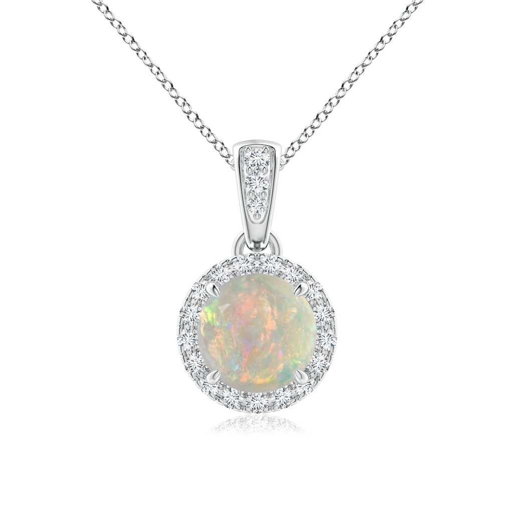 6mm AAAA Claw-Set Round Opal Pendant with Diamond Halo in White Gold 