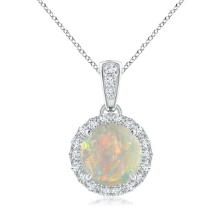 7mm AAAA Claw-Set Round Opal Pendant with Diamond Halo in White Gold