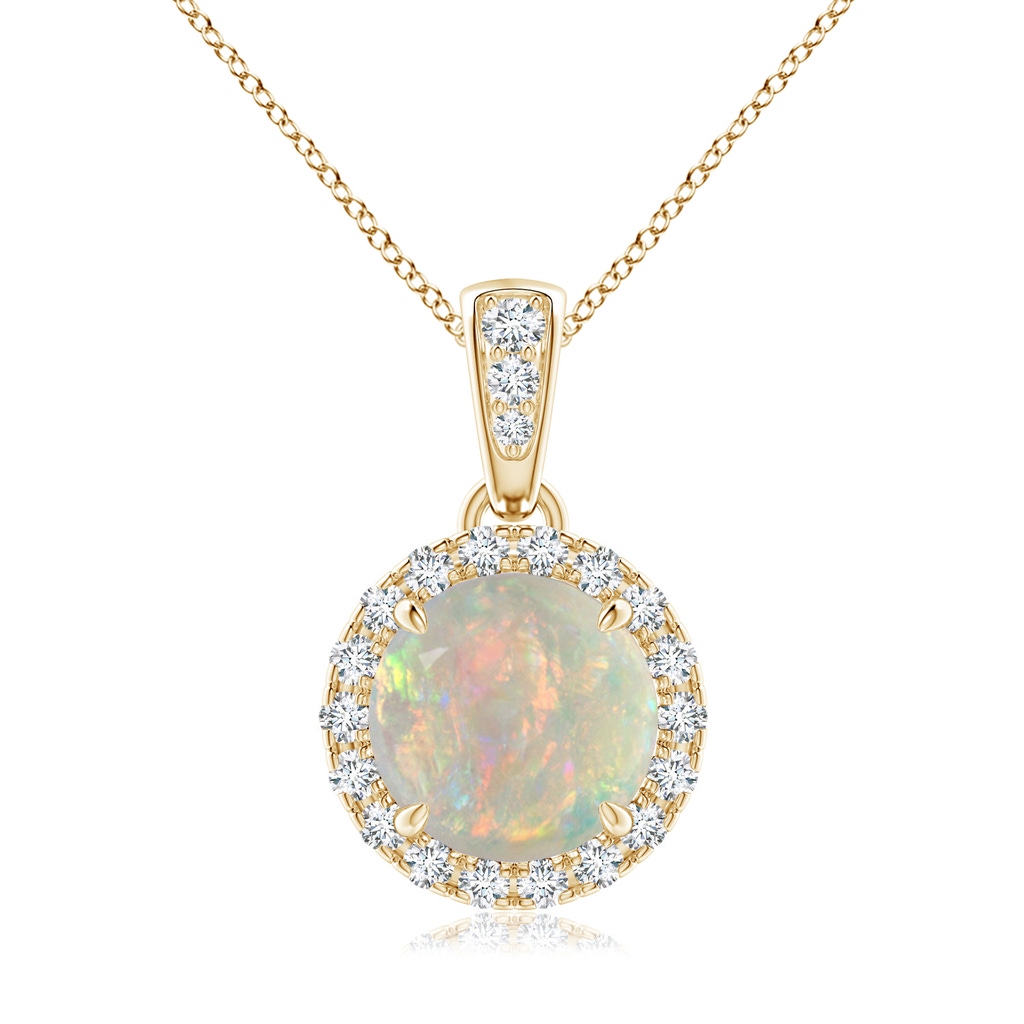 7mm AAAA Claw-Set Round Opal Pendant with Diamond Halo in Yellow Gold