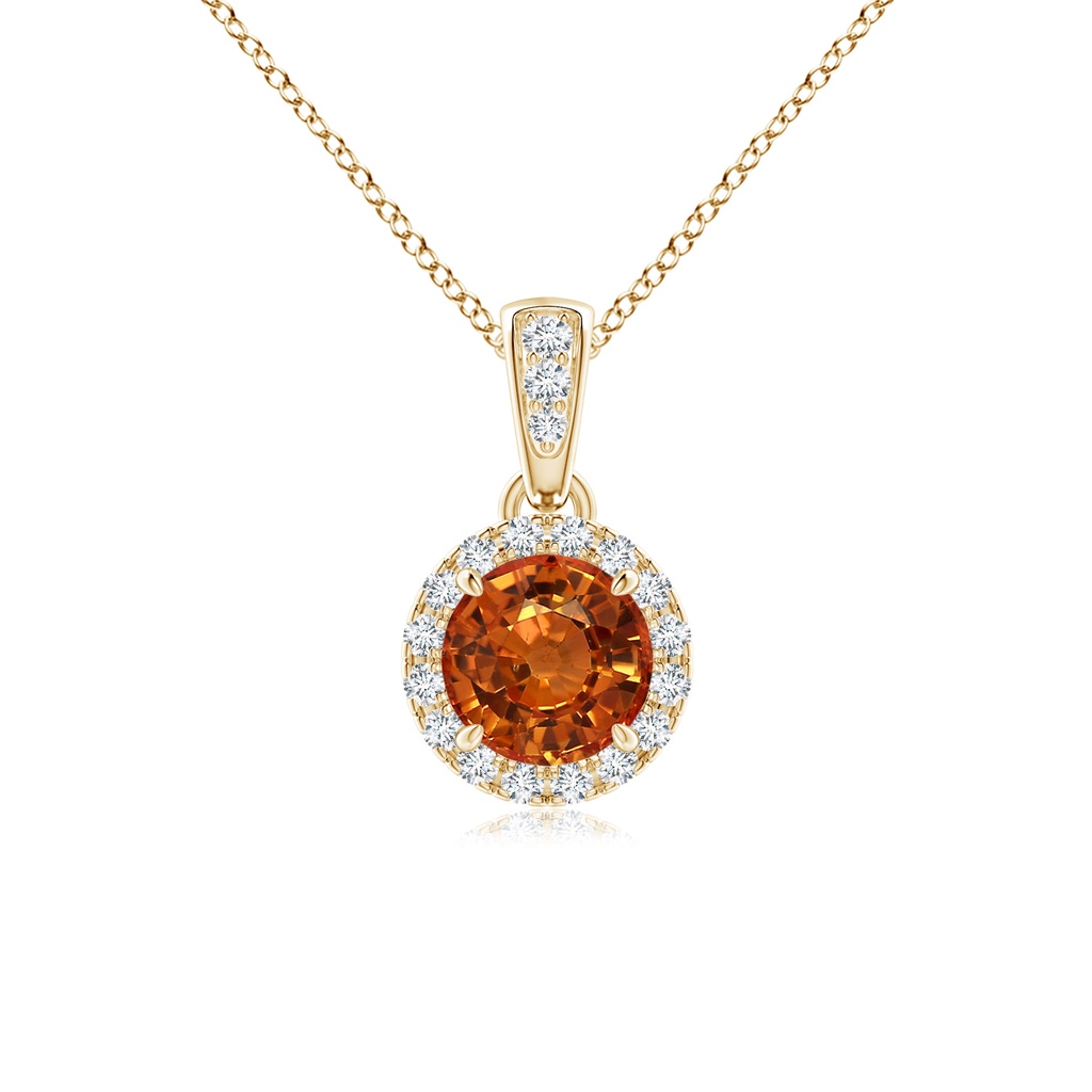 5mm AAAA Claw-Set Round Orange Sapphire Pendant with Diamond Halo in Yellow Gold