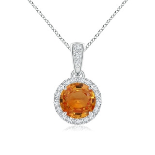6mm AAA Claw-Set Round Orange Sapphire Pendant with Diamond Halo in White Gold