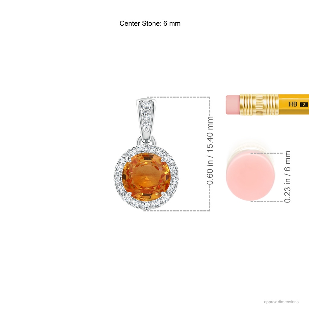 6mm AAA Claw-Set Round Orange Sapphire Pendant with Diamond Halo in White Gold Ruler