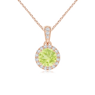 5mm A Claw-Set Round Peridot Pendant with Diamond Halo in Rose Gold