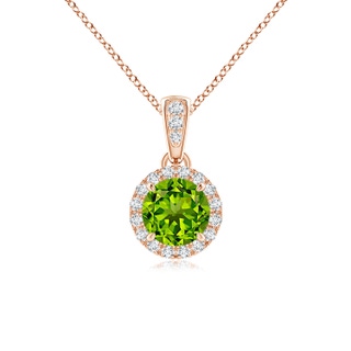 5mm AAAA Claw-Set Round Peridot Pendant with Diamond Halo in 9K Rose Gold