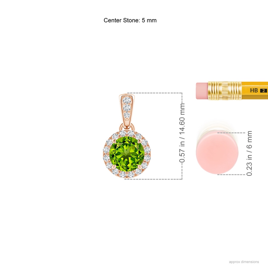 5mm AAAA Claw-Set Round Peridot Pendant with Diamond Halo in Rose Gold ruler