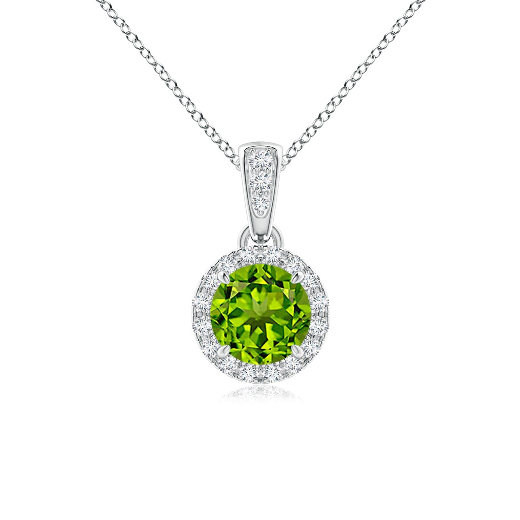 5mm AAAA Claw-Set Round Peridot Pendant with Diamond Halo in White Gold